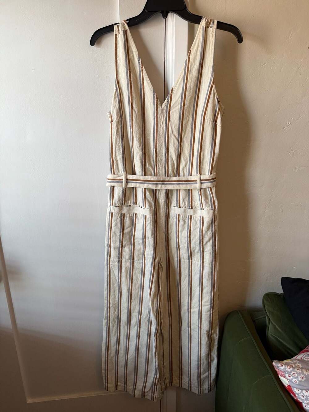 Madewell Double Stripe Tie Waist Pull-On Jumpsuit Medium Cotton Linen